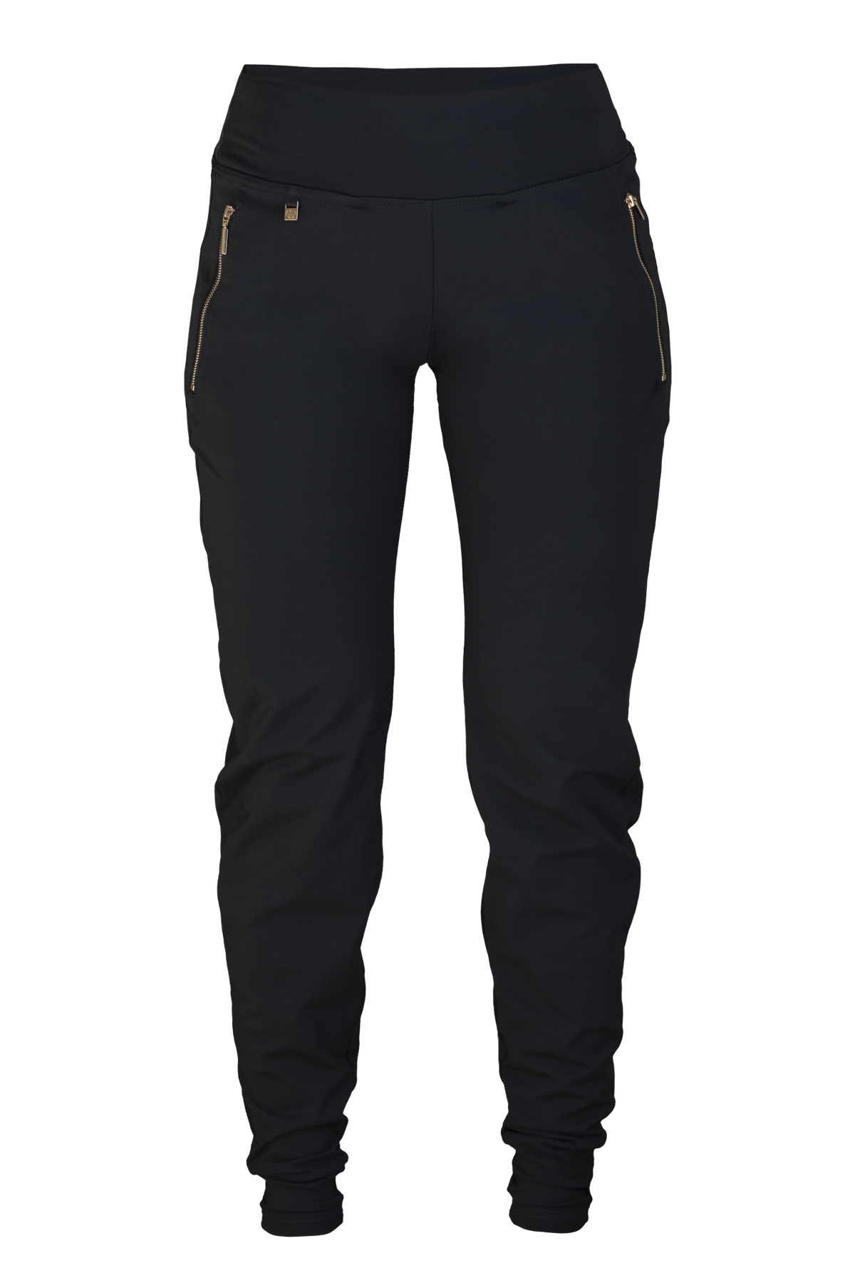 Edge Casual Zip Pants fritlagt forfra. Sorte med høj talje og guldfarvede lynlåse ved lommerne.