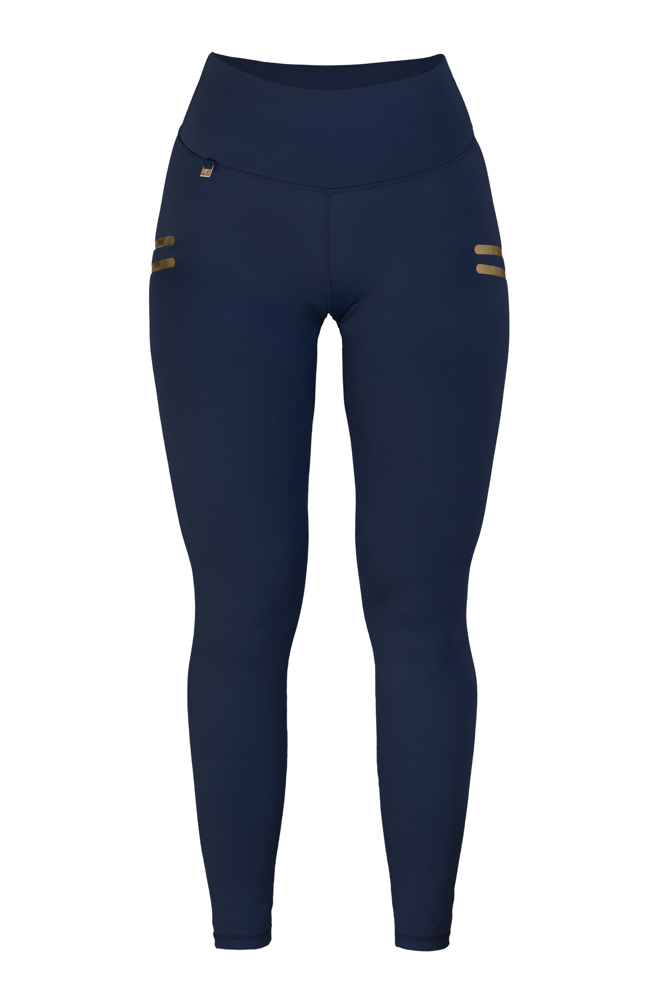 Edge Stripe Träningstights Navy frilagda framifrån. Hög midja och två korta guldstreck på höften.