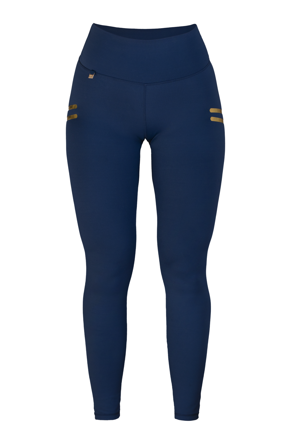 Edge Stripe Træningstights Navy fritlagt forfra. Høj talje og to korte guldstriber på hoften.