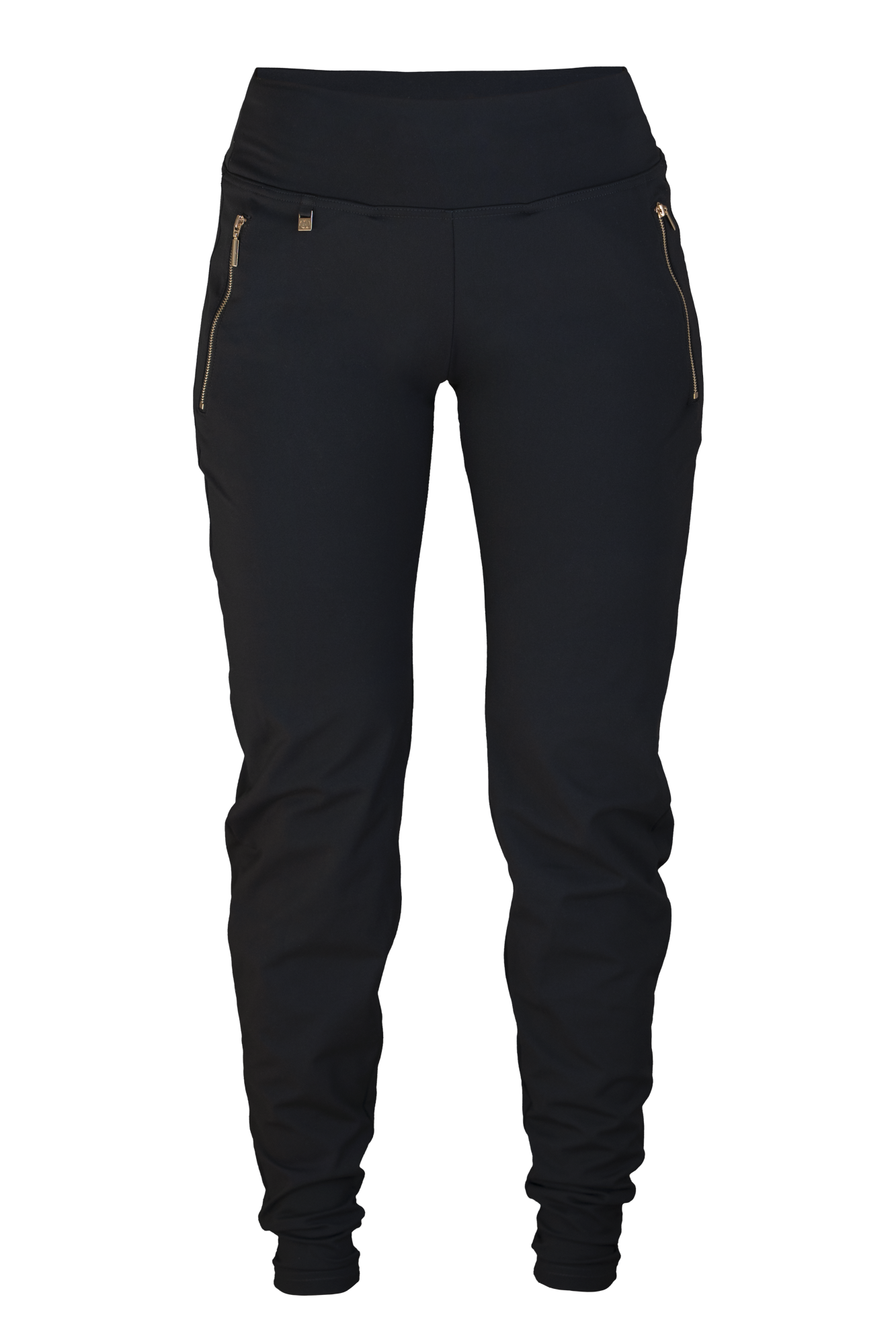 Edge Casual Zip Pants frilagda framifrån. Svarta med hög midja och guldfärgade dragkedjor vid fickorna.