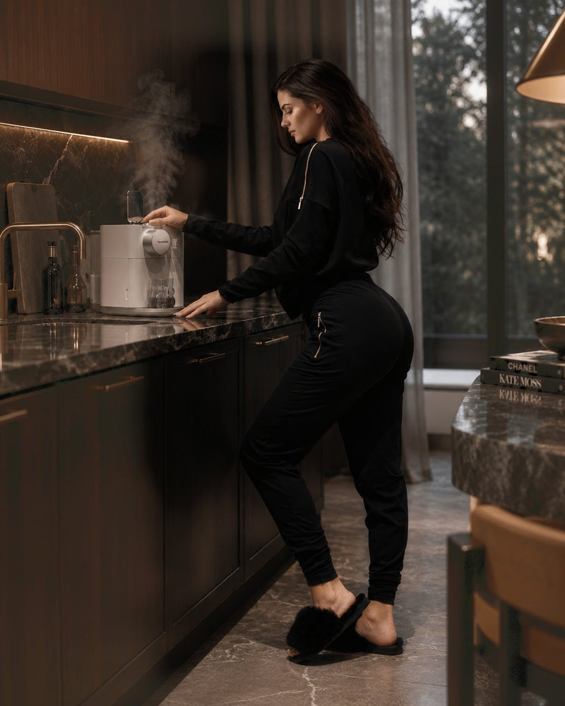 Kvinde i Edge Casual Zip Sweater og Zip Pants laver kaffe ved kaffemaskinen i køkkenet.