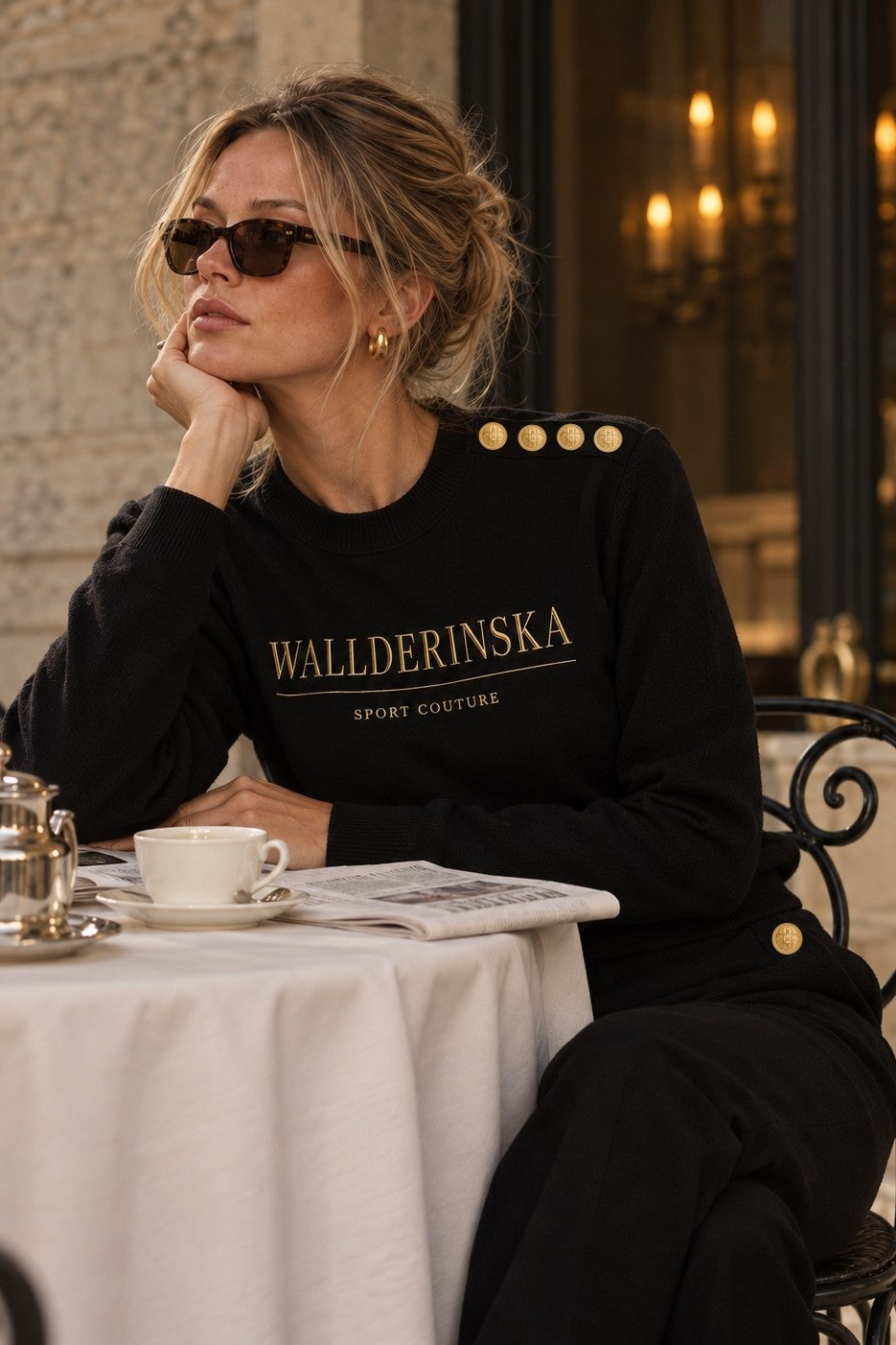 Edge Gold Button Sweater i sort på en café, med guldknapperne på skulderen.