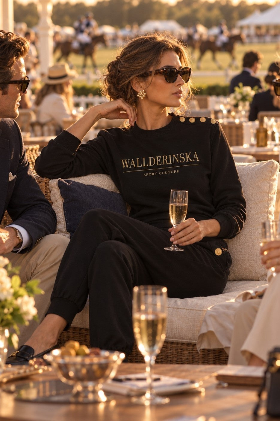 Edge Gold Button-sættet i sort til en polokamp i aftensol, med et glas champagne.